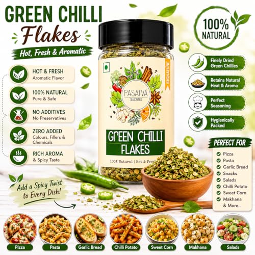 Image of Rasatva Green Chilli Flakes | 30g | Hot & Spicy Pizza Pasta Seasoning | 100% Natural Dry Green Chilli Flakes | No Additives, Preservatives & Colours | Seasoning for Pizza, Pasta, Garlic Bread, Snacks