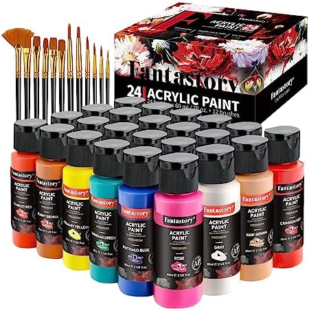 Fantastory Acrylic Paint Set, 24 Classic Colors(2oz/60ml), Professional Craft Paint, Art Supplies Kit for Adults & Kids, Canvas/Fabric/Rock/Glass/Stone/Ceramic/Model/Wood Painting with 12 Brushes