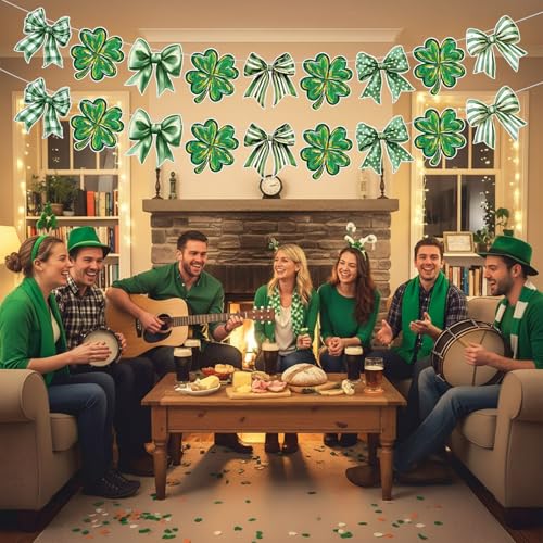 Image of Oudain 2 Pack St. Patrick's Day Paper Garland 6.56 ft Green Irish Clover Banner Lucky Shamrock Bow Hanging Garlands for Rish St. Patrick's Day Mantel Fireplace Wall Decor Indoor Outdoor Parties