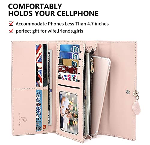 Image of PALAY Women's PU Leather Long Wallet with Leaf Pendant Card Holders Phone Pocket Girls Zipper Coin Purse (Pink) | Organized Storage with Card Holders and Phone Pocket; PU Leather, Zipper Coin Compartment, Leaf Pendant Detail for Daily Carr
