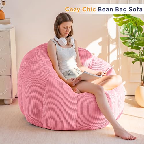 Image of MAXYOYO Giant Bean Bag Chair, Pumpkin-Shaped Bean Bag Sofa, Oversized Boneless Couch Sofa in a Box, Comfy and Lazy Lounge Chair for Dorm, Living Room, Pink