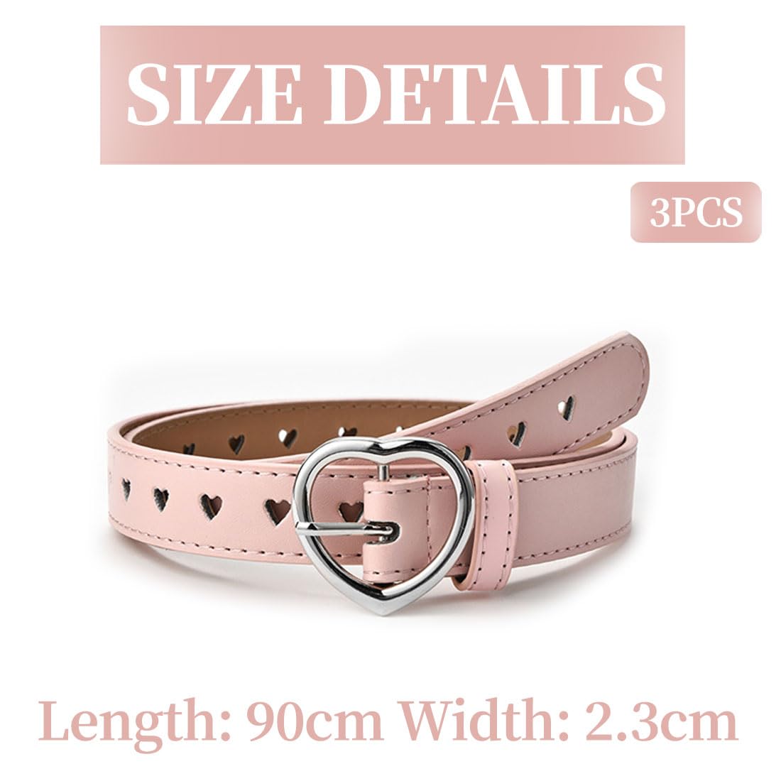 Cinture Elastiche Con Fibbia A Cuore 3 Pezzi - Regolabili Per Ragazze, Nero, Bianco, Rosa - Foto 2