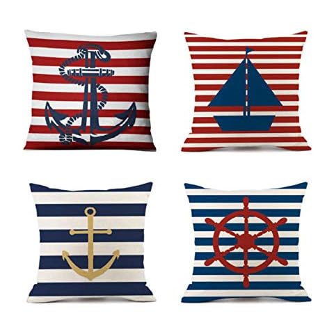 Emvency Set of 4 Pillow Covers Decorative Cushion 18" x 18" Geography Theme Nautical Sailing Compass Boat Cover Blue Red Anchor with Stripe Navy Cotton Linen Home for Couch Bed Cover