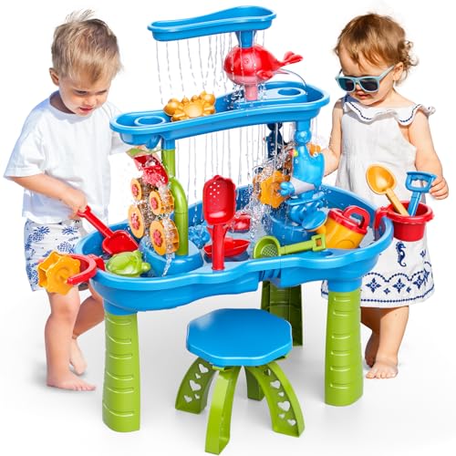 WATUDOU 3-Tier Water Table for Kids Ages 3-5 4-8, Toddlers Outdoor Summer Water Table Beach Toys, Kids Activity Sensory Table Toddler Sand Box Play Table with Rain Showers Splash Pond for Boys Girls