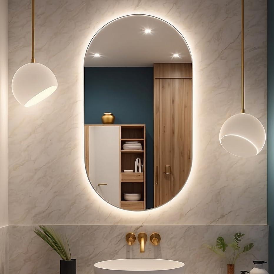 Espelho Oval de Corpo Inteiro 80x50cm - Grande, Premium, com ou sem LED Para Quarto Banheiro e Sala - Acabamento Polido e Borda Fina(50cm X 40cm (SEM LED))