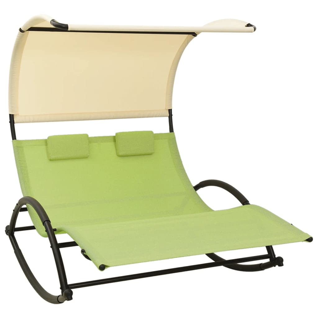 vidaXL Double Sun Lounger with Canopy Double Sunlounger Rocking Lounger Sunbed Daybed Outdoor Relax Comfort Steel Frame Green and Cream