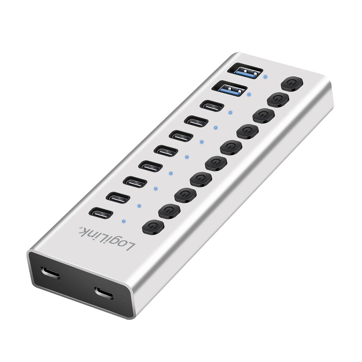 LogiLink UA0448 - Hub USB 3.2 Gen1 con 10 Puertos y Cable/Adaptador, USB Tipo A y USB Tipo C, Interruptor de Encendido/Apagado, Aluminio