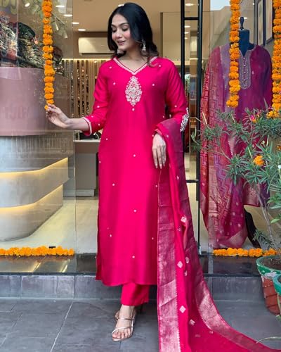 Women's Silk Blend Embroidered Straight Kurta with Trousers and Dupatta4