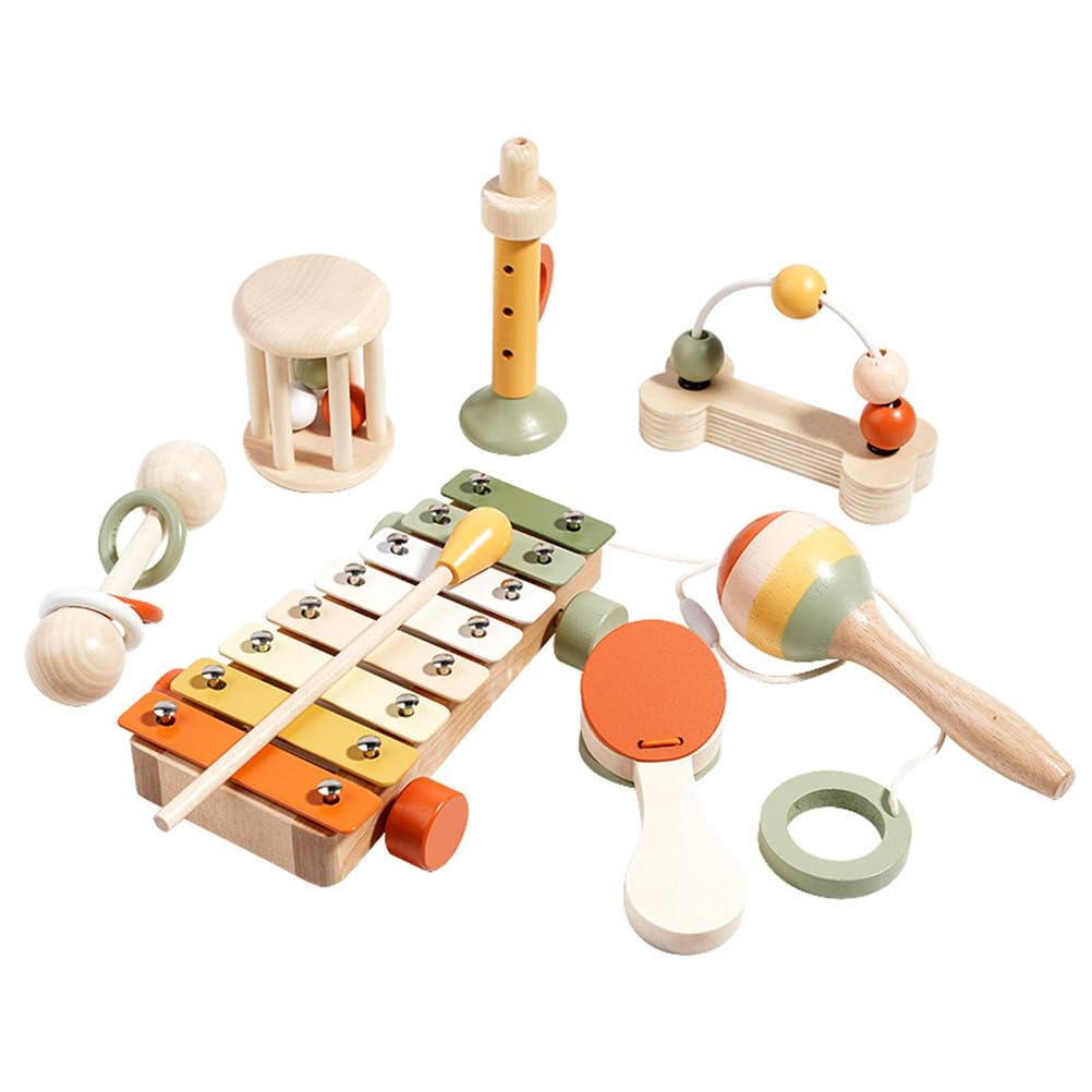 Drewniany zestaw muzycznych instrumentów Montessori 7 elementów, grzechotka Orffa dla niemowląt i zabawki perkusyjne