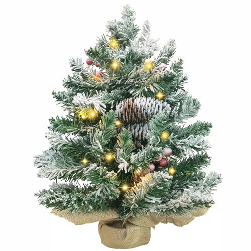 CHICHIC 20 Inch Prelit Artificial Mini Christmas Tree Snow Flocked Small Tabletop Christmas Tree Decorated with LED Lights, Pine Cones, Berry Clusters, Frosted Branches for Home Holiday Decorations