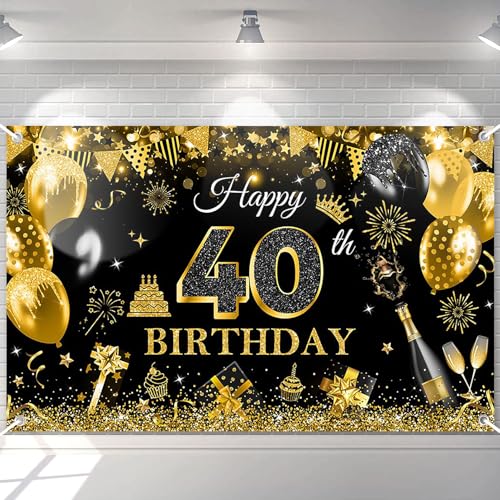 Image of Avezano Happy 40th Birthday Banner for Men Black and Gold Glitter Balloon 40 Birthday Party Backdrop 40 Year Old Bday Photo Backdrop Party Supplies 70.8 x 43.3 Inch
