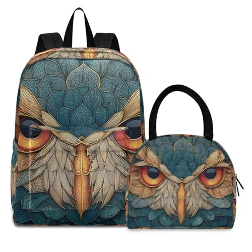 Backpack Lunch Bag Set Tribal Owl Portrait Print, Big Storage Travel Backpacks with Insulated Lunch Box for Office Hiking Picnic