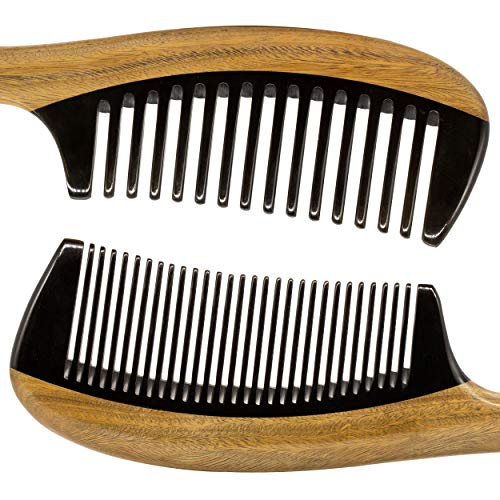 Onedor 100% Handmade Natural Green Sandalwood With Buffalo Horn Hair Combs - Anti-Static Sandalwood Scent Natural Hair Detangler Wooden Combs (Buffalo Horn Wide & Fine Tooth) #TOP2