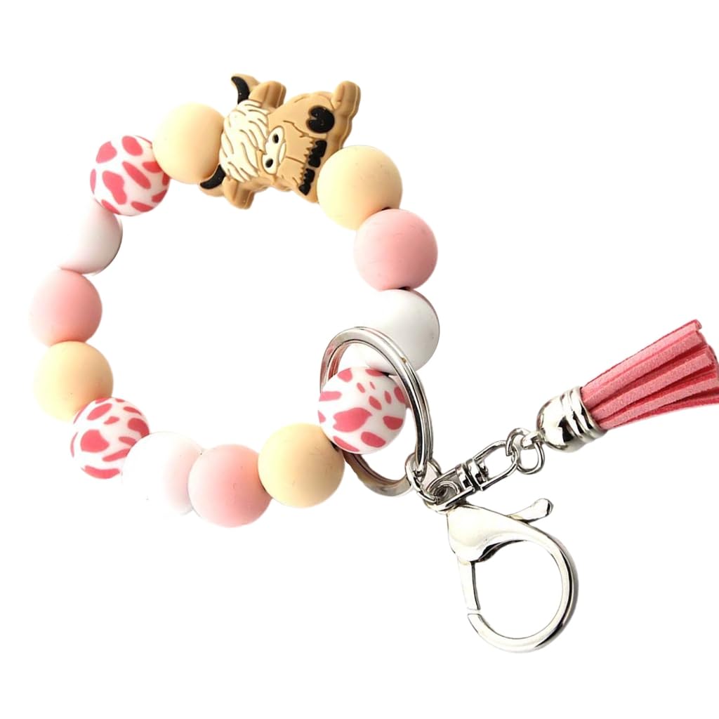 XITEA Unique Highlands Cow Wristlet Keychain Versatile Highlands Cow Wristlet Keychain Silicone Beaded Designs Keyrings Charm