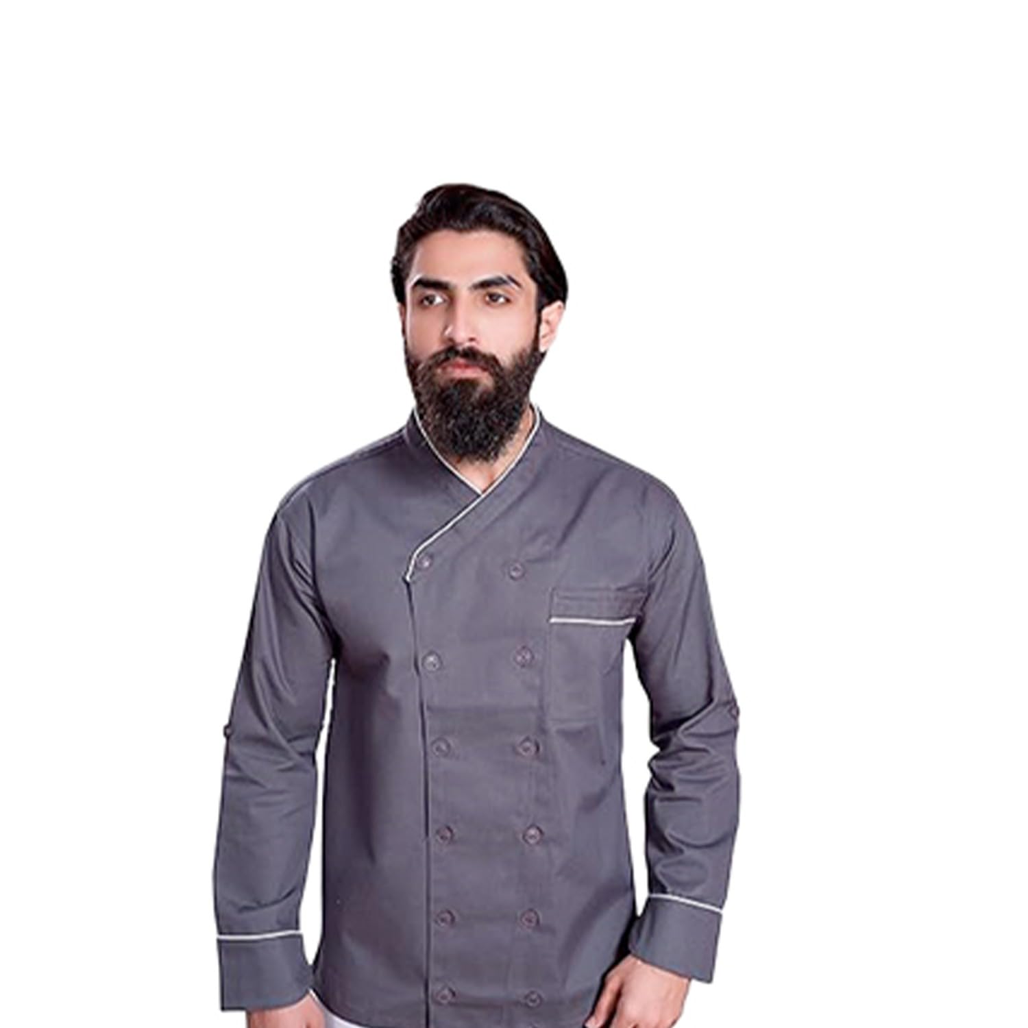 adhyah Black Cooking Chef Coat Side Button Stand Collar Single Breasted Crossneck, Full Sleeves, Snap Button for Men Hotels, Restaurants-picture-44
