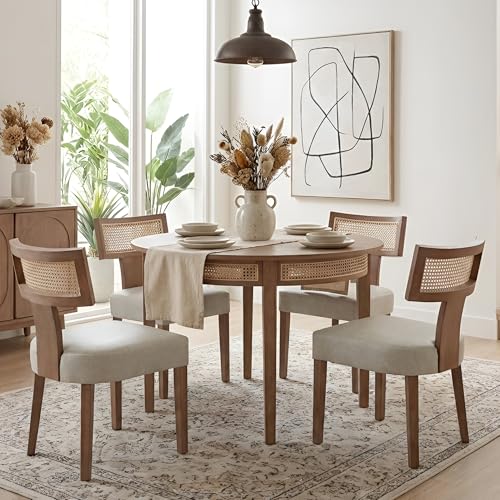 Image of HNY Mid Century Modern Rattan Dining Chairs Set of 4, Farmhouse PU Leather Upholstered Accent Chair Curved Backrest Kitchen Chairs, with Hardwood Frame, Grey