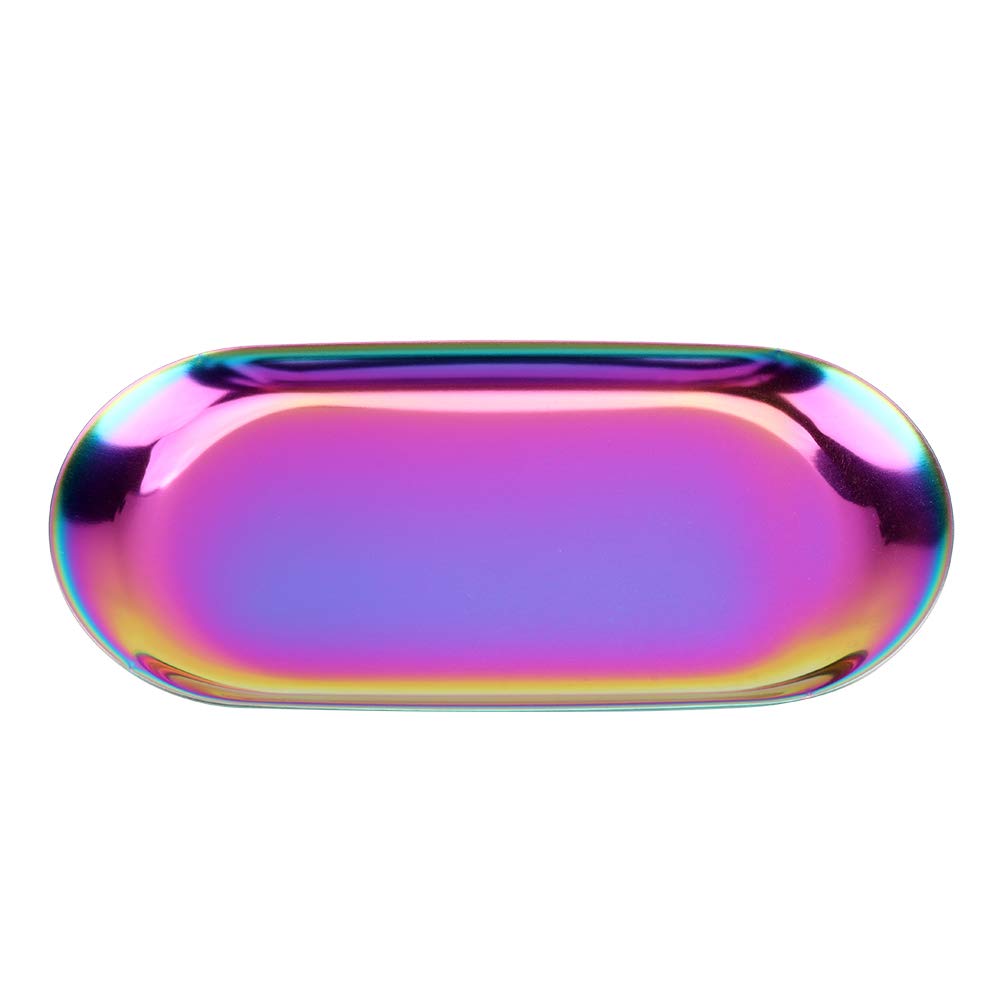 Nordic Style Stainless Storage Tray Towel Cosmetics Jewelry Fruit Cake Plate for Office Home Desks(L-Rainbow)