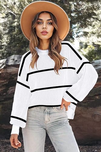 Image of Zeagoo Women 2026 Fall Lightweight Oversized Sweater Crew Neck Long Sleeve Color Block Pullover Rib Knit Blouse Tops XS-2XL