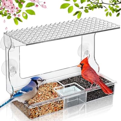 Gbekery Window Bird Feeder for Outdoors with Strong Suction Cups, Acrylic Clear Window Bird Feeders for Viewing with Large Capacity Detachable Seed & Water Tray
