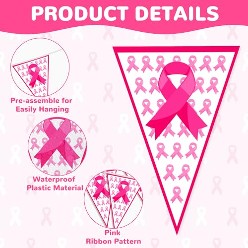 Image of 100 FT Breast Cancer Awareness Decorations, 3 Pack Pre-assemble Pink Ribbon Pennant Banner Flags, 60 PCS Plastic Pennants Flags Indoor Outdoor Party Supplies Home Office Ceiling Wall Hanging Decor