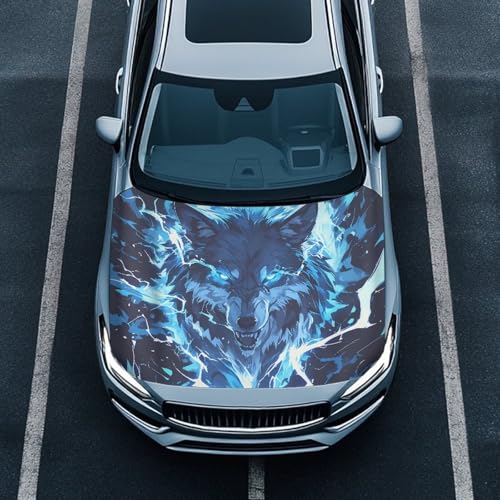 Image of Cool Wolf Car Hood Cover Elastic Car Hoods Protector Lightning Design Auto Hood Flag Waterproof Automotive Accessories for SUV Sedans Trucks Pickup