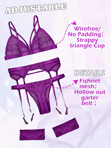 Popiv Women's Fishnet Lingerie Sexy Set Lace Bra And Panty Sets With Garter Belt 4 Piece Purple #TOP2