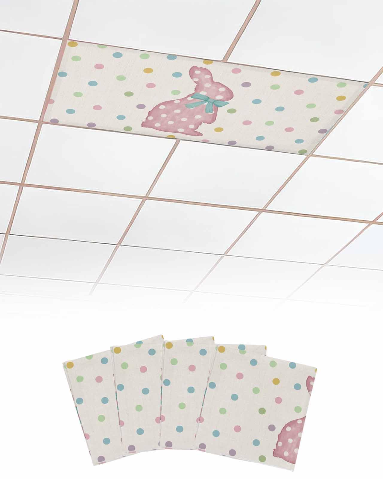 EwdeWwo Happy Easter 4 Pcs Fluorescent Light Covers for Ceiling Lights, Bunny Colorful Wave Point Linen Texture Magnetic Light Filters for Eliminate Harsh Glare Classroom Office Decoration, 4 x 2 Ft