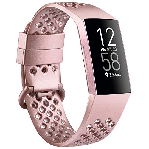 Mugust Sport Band Compatible with Fitbit Charge 4 / Fitbit Charge 3 / Charge 3 SE, Silicone Breathable Replacement Wristband for Women Men, Small, Rose Gold