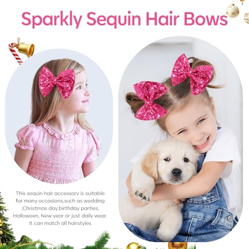 CN 5 Inch Glitter Hot Pink Hair Bows for Girls Alligator Clips Sparkly Sequin Hair Accessories for Kids Toddler Women on Birthday Wedding Christmas and Party