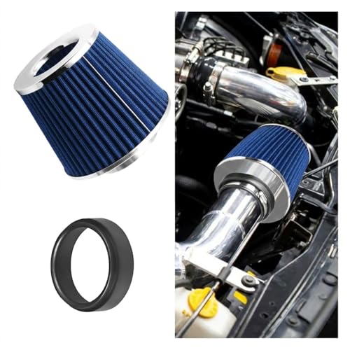 Universal Clamp-On Air Intake Filter High Flow Closed-Top Cool Air Filter Cleaner 76MM Performance Round Tapered Cone Air Filters Washable Replacement Filter for Car Truck (76MM/Silver&Blue)