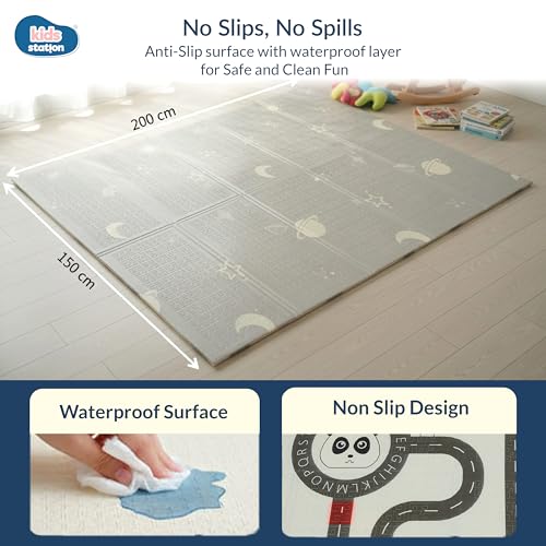Image of Kids Station Double-Sided Waterproof Baby Playmat - Foldable, Portable & Reversible Foam Mat for Infants, Toddlers & Kids - Soft, Non-Slip, Easy-to-Clean Baby Crawling Mat for Indoor /Outdoor Use (200x150x1.0cm, Panda & Moon-Star Print)