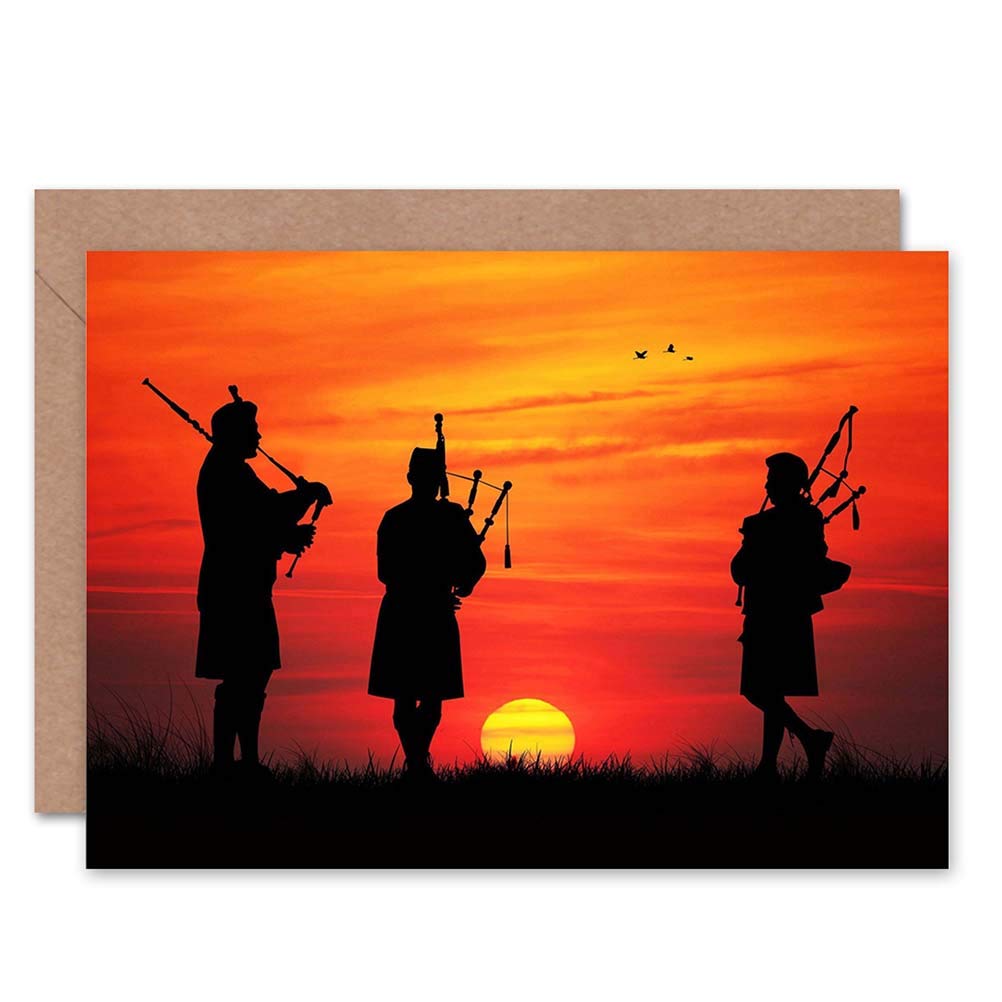Wee Blue CooBagpipes Scottish Silhouette Sunset Birthday Art Sealed Greeting Card Plus Envelope Blank inside