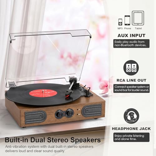 Image of Vinyl Record Player with Built-in Stereo Speakers, 3-Speed Belt-Drive Turntable, Treble & Bass Control, RCA-Out /AUX-in, 3.5mm Headphone Jack-Vintage LP Player for Home & Gifts, Walnut