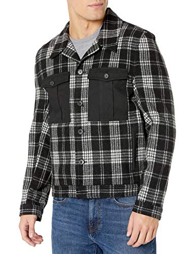Billy Reid Men's Standard Fit Wool Cotton Combo Shirt Jacket, Black/White Plaid, L