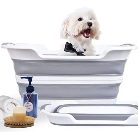 CYGNE Dog Bath Tub with Water Drain Plug, Collapsible Bathtub for Dog Washing and Grooming, Portable Foldable Space Saving Design for Pet Puppy Small Dogs Cats, BPA Free, Gray Cover