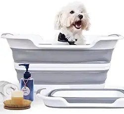 CYGNE Banheira para cães com plugue de drenagem de água, banheira dobrável para lavagem e cuidados com cães, design portátil dobrável para economia de espaço para cães pequenos e gatos, sem BPA, cinza