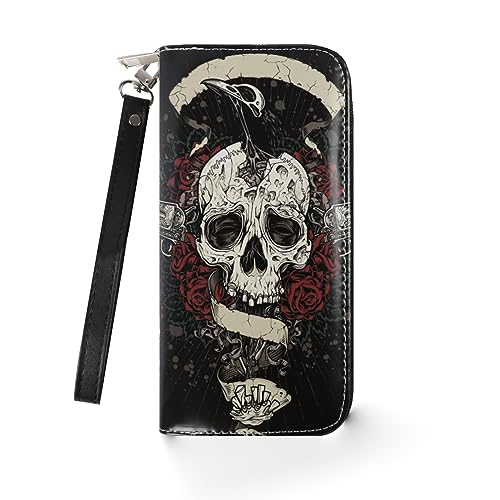 JV JO&VIN Skull Wallet Long Wallet Halloween Wallet, Black Wallet Zip Around Wallets for Women Men, Card Holder Wallet for Halloween