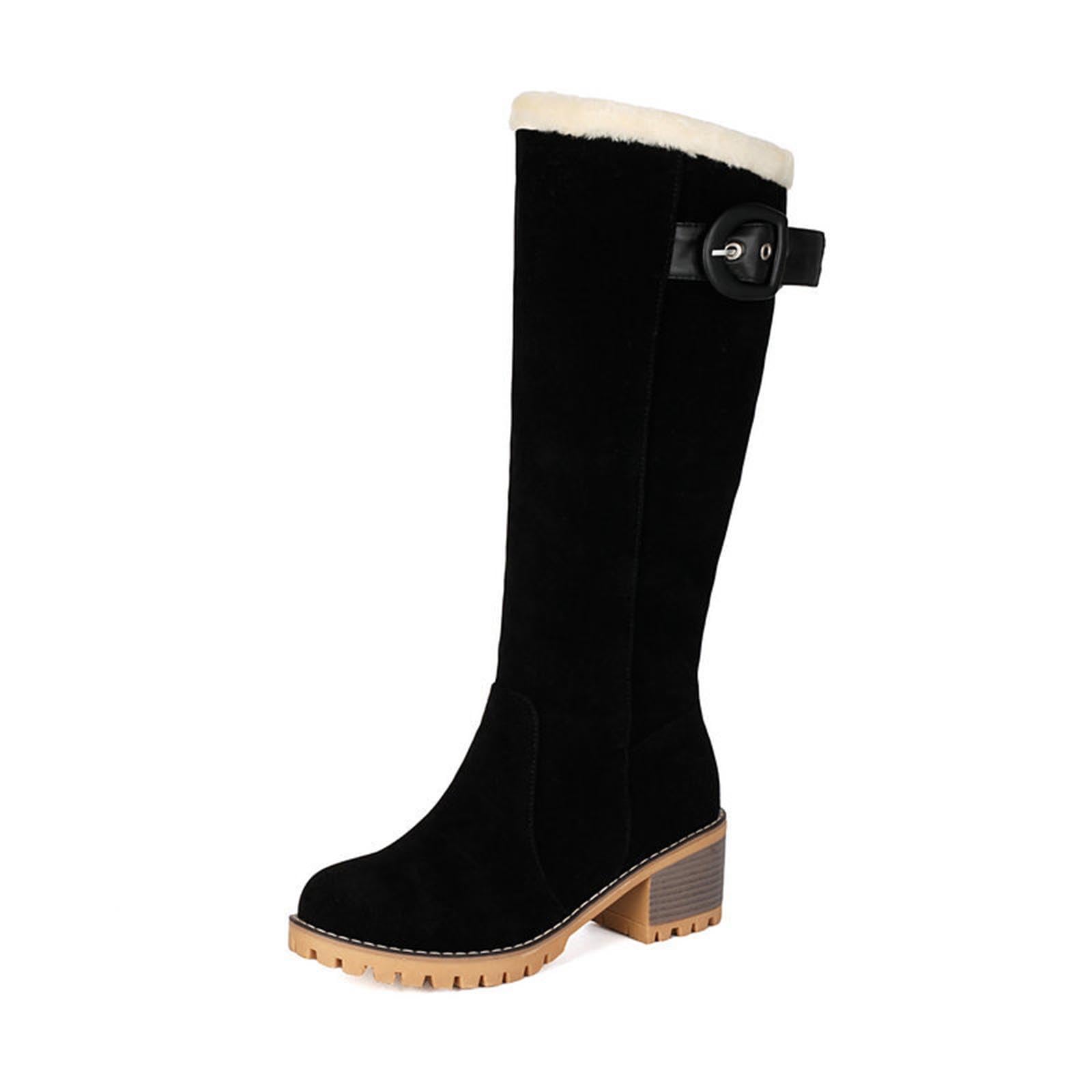 Fleece Knee High Snow Boots for Women Winter Warm Leather Tall Booties Outdoor Hiking Waterproof Chunky Heel Footwear