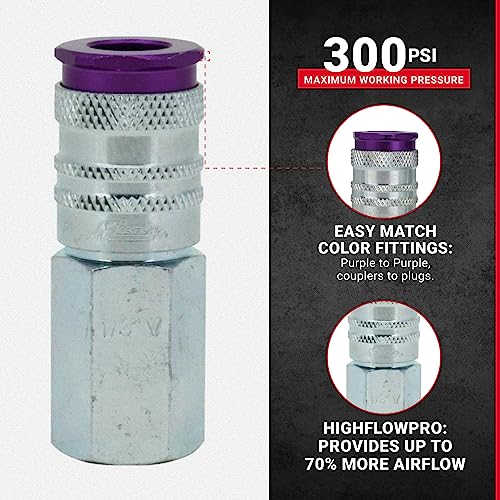 Milton 764VC ColorFit HIGHFLOWPRO V-Style Air Couplers, 1/4" FNPT Female Quick Connect, Purple Color-Coded High-Flow Fittings, Up to 70% More Airflow, 300 PSI, Box of 10 by Milton - Used condition - Image 2