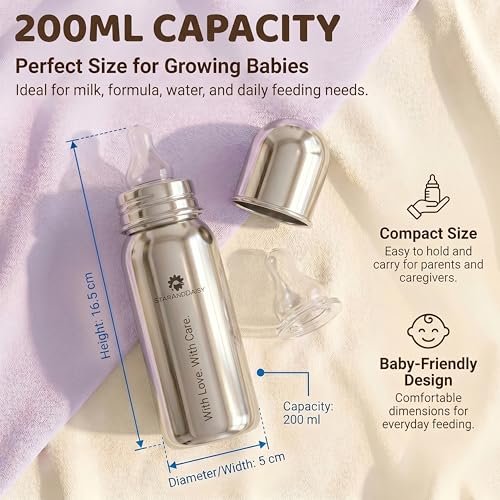 Image of StarAndDaisy Baby Milk Bottle for new Born /Infant /Toddler Pack of 3-200 ML SUS 304 Steel Baby Feeding Bottle for 0+ Months, BPA Free Leakproof Bottle, Anti Colic, Easy to Clean & Extra Nipple