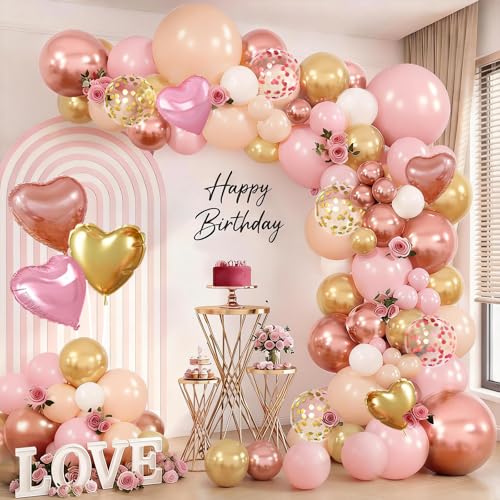 Image of Zesliwy Rose Gold Pink Balloon Arch Kit,Light Pink Nude White Metallic Gold Balloons Garland Rose Gold and Gold Confetti Balloons with Heart Balloon for Wedding Bridal Shower Birthday Party Decor