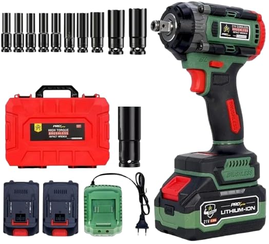 JPT Combo Heavy-Duty Pro Series Cordless Impact Wrench with 10Pcs Impact Socket Set | Brushless Motor | 1/2" Shank | 550N.M Torque | 0-3650RPM Speed | 2 Speed Modes | 4 LED Light | 4000mAh Battery