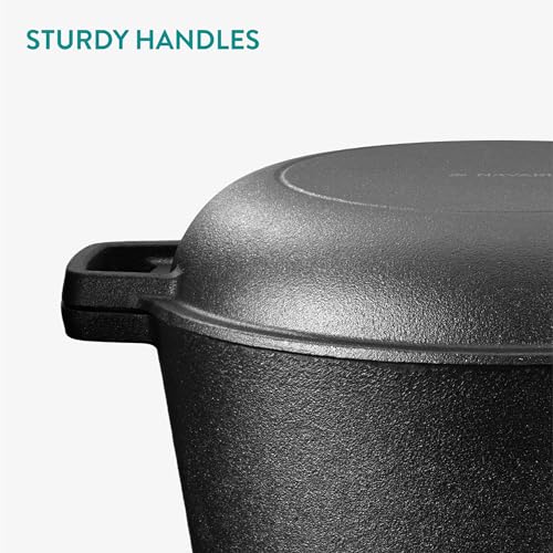 Navaris Pentola in Ghisa da Forno con Coperchio - Pentole e Padelle per Cuocere il Pane - Forno Olandese 4,7 l Ø 26 cm - Casseruola 2 Manici 2-in-1 - per Ogni Piano Cottura - Nero - immagine 5
