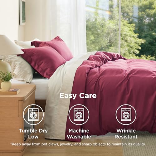Image of Bedsure Duvet Cover Full Size - Soft Double Brushed Bedding Set for Kids & Adults, Zipper Closure, 3 Pieces, Includes 1 Duvet Cover (80 inchx90 inch) & 2 Pillow Shams, NO Comforter, Dark Red