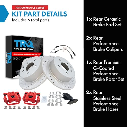 Image of TRQ Performance Rear Brake Pad and Rotor Set Ceramic Coated Drilled Slotted