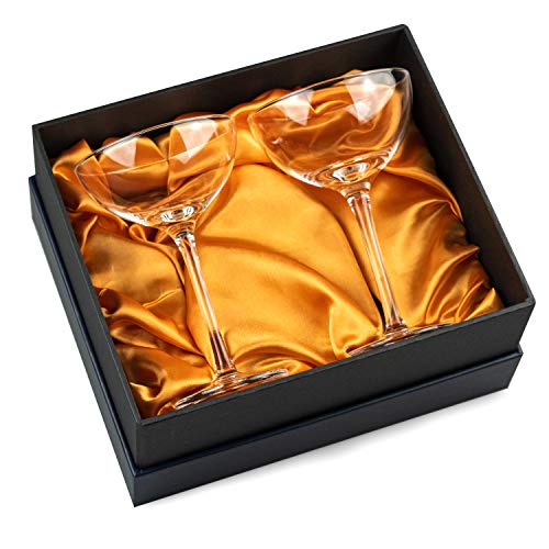 Vintage Crystal Champagne Coupe Glasses | Set of 2 | 4-5 oz Classic Cocktail Glassware - Martini, Manhattan, Cosmopolitan, Sidecar, Daiquiri | 1920s Speakeasy Retro Style Saucers | Storage Box