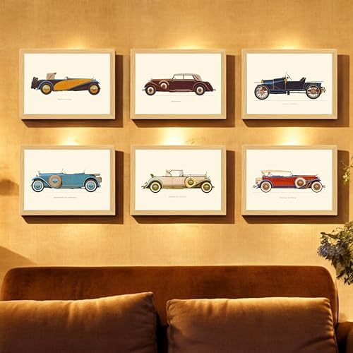 Image of Vintage Car Wall Art Painting /Posters with Frame For Living Room Bedroom Home And Office Wall Decor, Set of 6, Size 9x13 Inch