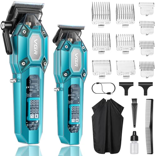 VGR Maquina Cortar Pelo Profesional para Hombre, Clipper Maquina Pelo Inalámbrico y Maquinilla Cortar Pelo, Kit Barbero Cortadora de Pelo Hombre con 10 Peines Guía, Pantalla LED y Carga USB, Verde