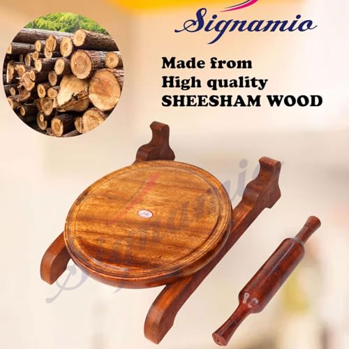 Image of SIGNAMIO Wooden Chakla Belan Set for Kitchen - Roti Maker with Rolling Pin and Board Stand - Perfect Chapati Rolling Board and Polpat Latna for Effortless Roti and Chapati Preparation