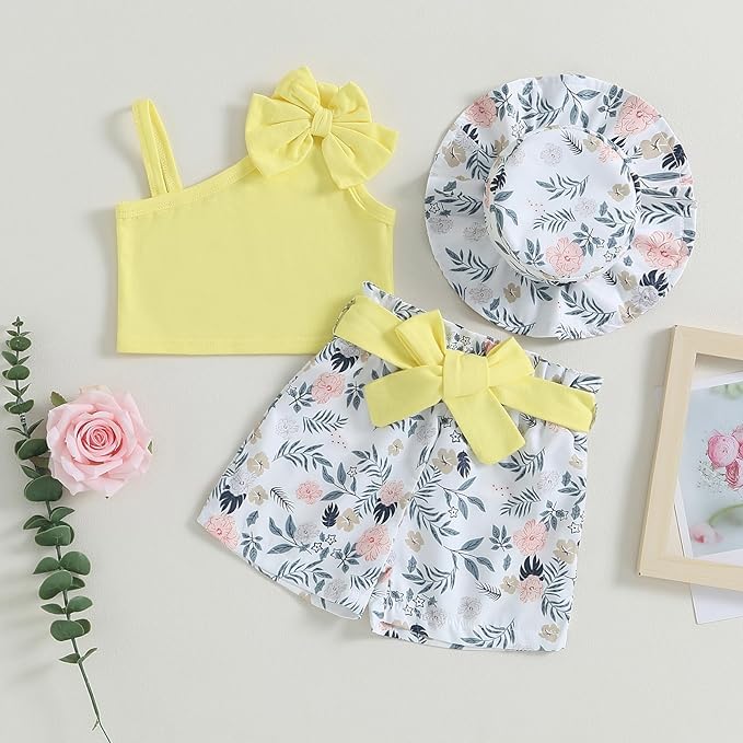 Image of Bold N Elegant Girls Cotton Sleeveless Modern Top and Floral Shorts with Belt and Hat Trendy Coords Set Baby Girl Party Dress Outfit